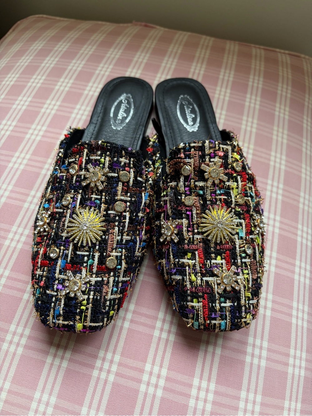 Embellished Tweed Mule Slides
